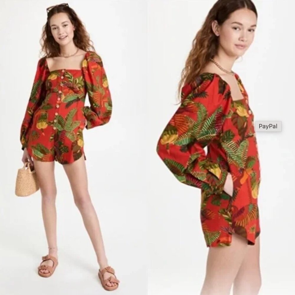 Farm Rio Red Forest Birds Long Sleeve Linen Romper Size XS